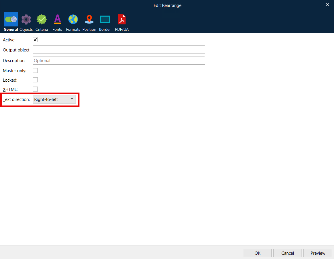The Edit Rearrange window with the Text direction checkbox.